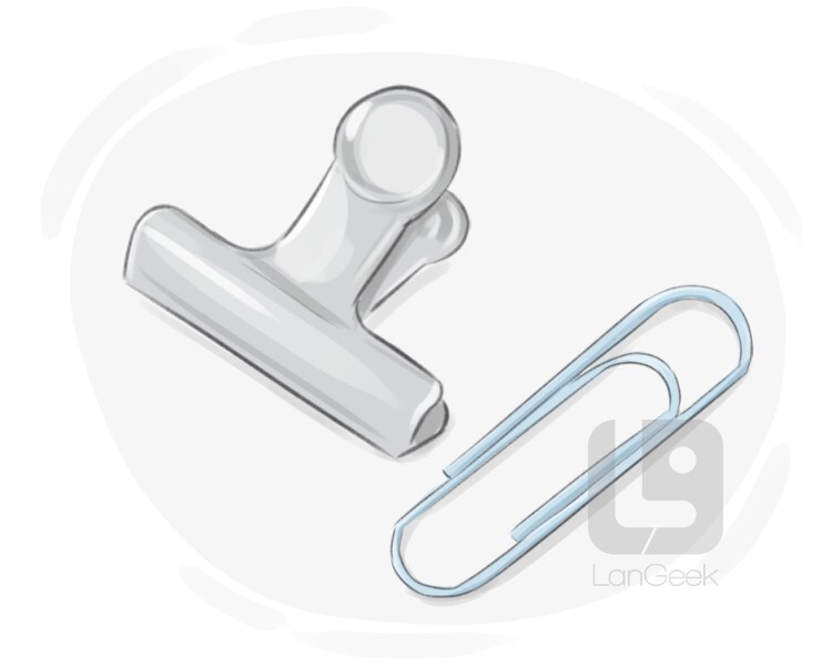 English to English Dictionary - Meaning of Paperclip in English is : clip,  gem clip, fastener, paper-clip, paper clip, buckle, chute, clamp, clasp,  clutch, decline, forceps, glide, grasp, grip, hug, nail, needle